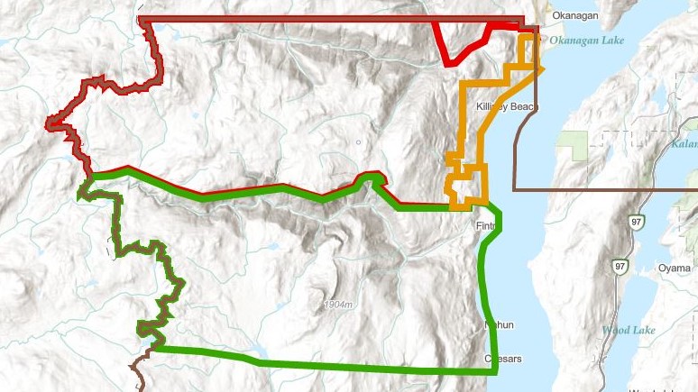 A map showing areas where evacuation alerts have been removed (green), evacuation alerts (yellow) and evacuation order (red). Central Okanagan Emergency Operations says evacuation alerts have been removed for properties from Caesars Landing to Fintry.