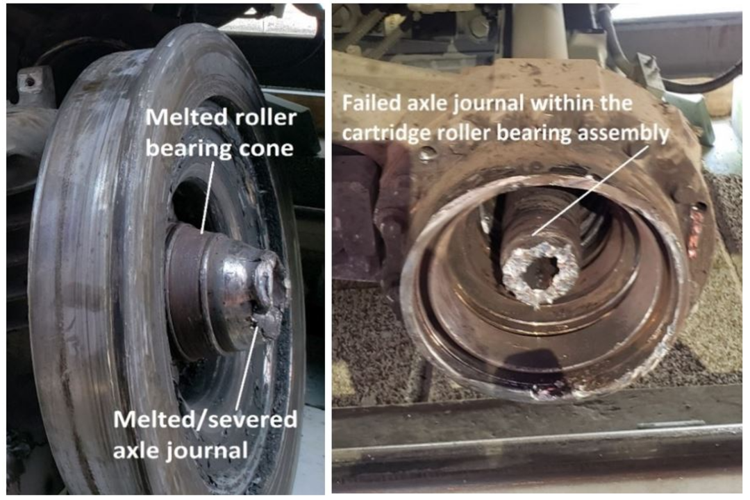 Two pictures from a Transportation Safety Board report show damage to parts of a derailed Ottawa light-rail transit vehicle due to overheating.