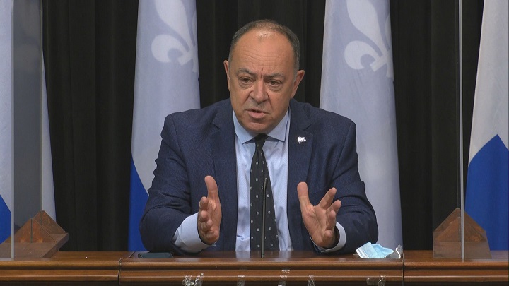 Health Minister Christian Dubé speaks to reporters in Quebec City during a news conference. Tuesday, Sept. 14, 2021.