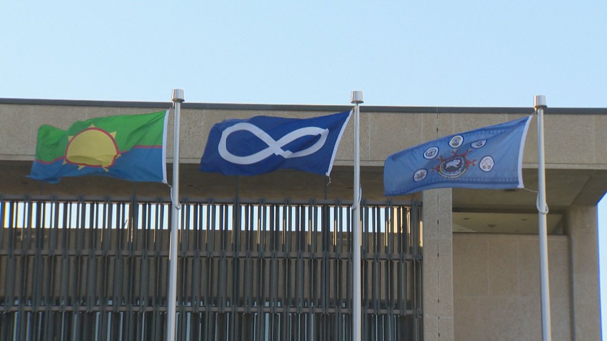 File photo of the Métis flag outside Lethbridge city hall.