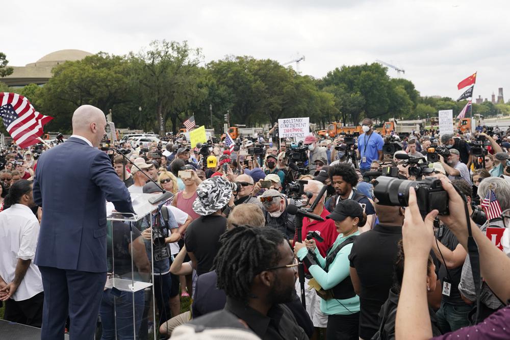 Matt Braynard, the organizer behind the rally and a former Trump campaign staffer, speaks during the rally near the U.S. Capitol in Washington, Saturday, Sept. 18, 2021. The rally was aimed at supporting the so-called “political prisoners” of the Jan. 6 insurrection at the U.S. Capitol. (AP Photo/Alex Brandon)