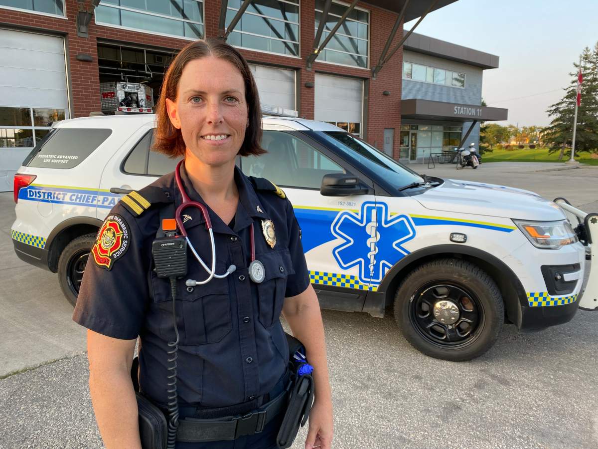 Michelle Bessas, District Chief of Paramedic Operations for the Winnipeg Fire Paramedic service, poses for a picture outside Station 11.