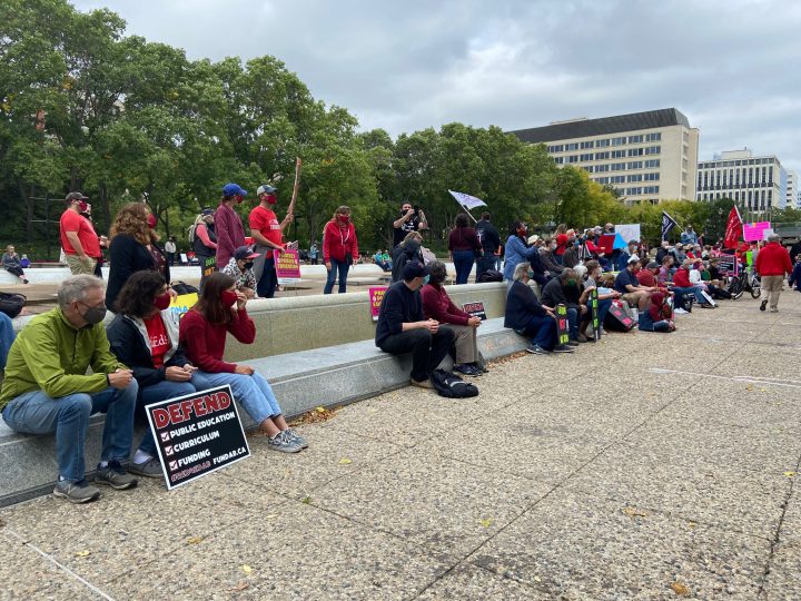 Hundreds rally at the Alberta legislature voicing concerns over the UCP government’s draft K-6 curriculum.