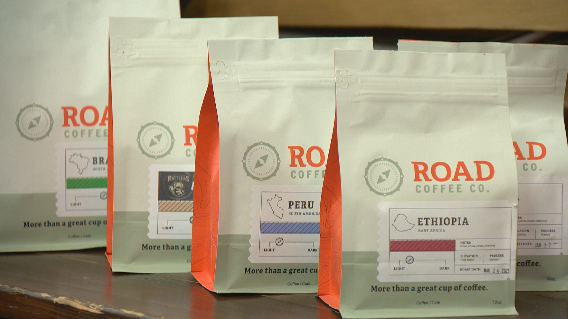 Road Coffee Co. bags of coffee.