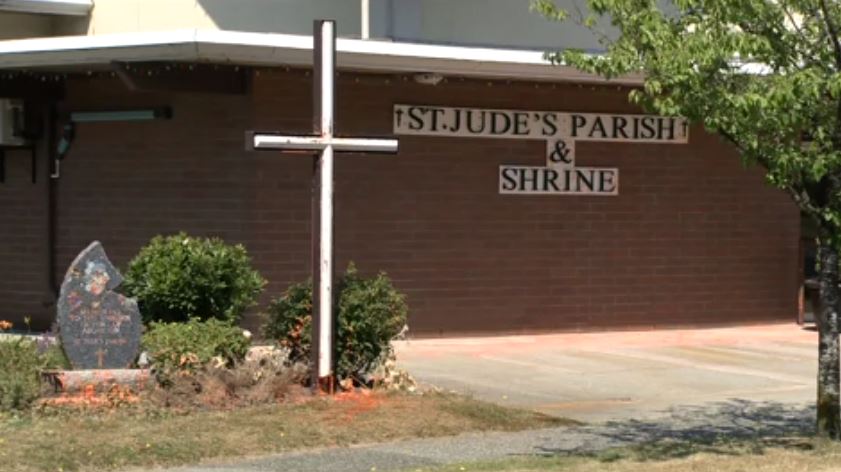 Police say orange paint was splashed on St. Jude’s Parish in Vancouver.