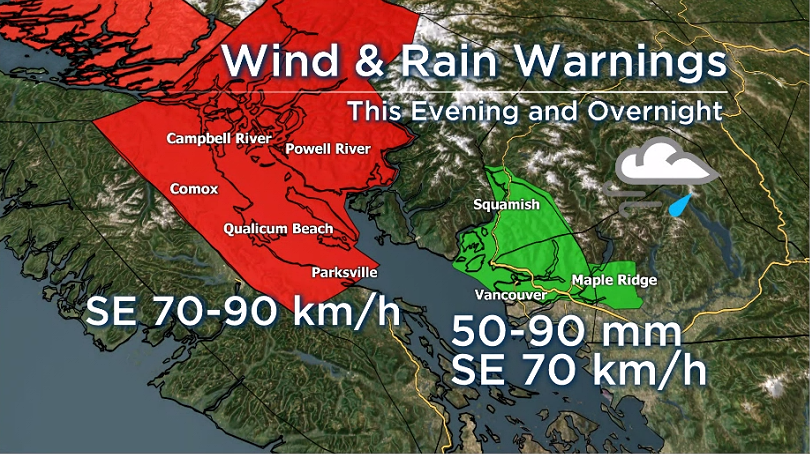 “There are concerns for power outages and possible delays in the ferries. Areas near the water along the Strait of Georgia will be most impacted,” she added. “Commuters should be aware it could be slow going both home from work Wednesday and to work on Thursday morning.”