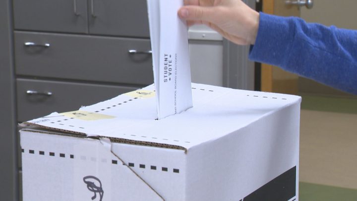 A student casts a vote in a mock election. 