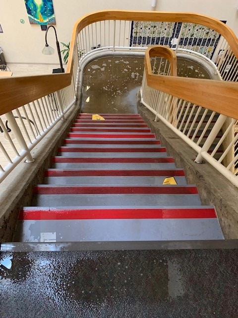 Flooding in the stairwell in the London Health Sciences London Regional Cancer Program at Victoria Hospital.