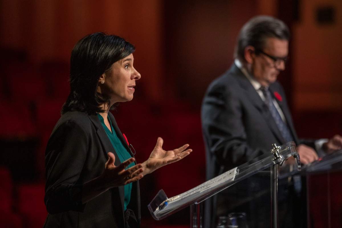 Projet Montréal Leader Valérie Plante and Ensemble Montréal Leader Denis Coderre at the Leonardo Da Vinci Centre in Montreal on Thursday October 28, 2021 during the English mayoral debate for the upcoming municipal election. Dave Sidaway / Montreal Gazette
