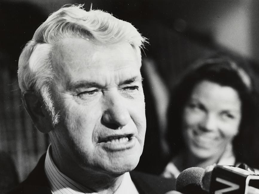 Nova Scotia premier Roger Bacon takes questions from the media in Halifax in this Sept.13, 1990, file photo. Bacon is being remembered today as an agricultural pioneer. The province's 21st premier died yesterday at the age of 95. THE CANADIAN PRESS/Dan Callis.