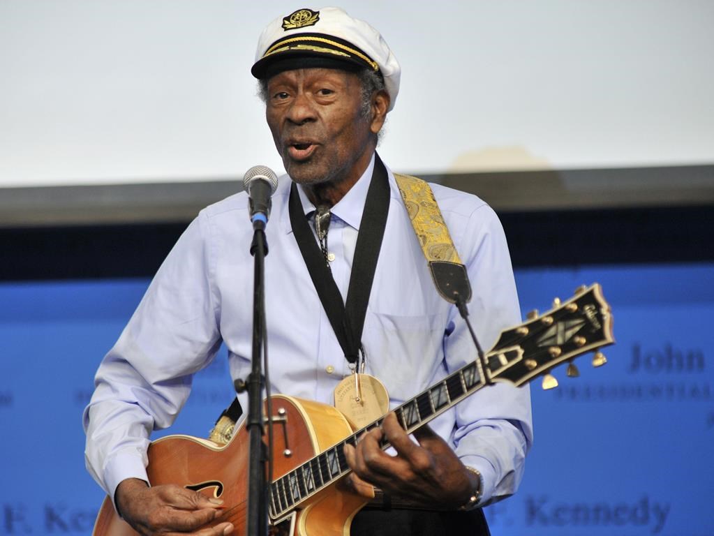FILE - In this Feb. 26, 2012 file photo, rock 'n' roll legend Chuck Berry performs "Johnny B. Goode" at the John F. Kennedy Presidential Library and Museum in Boston. Dualtone Records is marking Berry's birthday by announcing the release of a live album from the late rock ’n roll legend. “Live From Blueberry Hill” is taken from performances recorded between July 2005 and January 2006 at Blueberry Hill café in St. Louis, one of Berry’s favorite places to play. The album will be released Dec. 17. (AP Photo/Josh Reynolds, File).