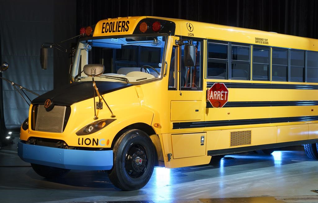 A Lion electric bus is seen in Montreal on Monday, March 15, 2021.