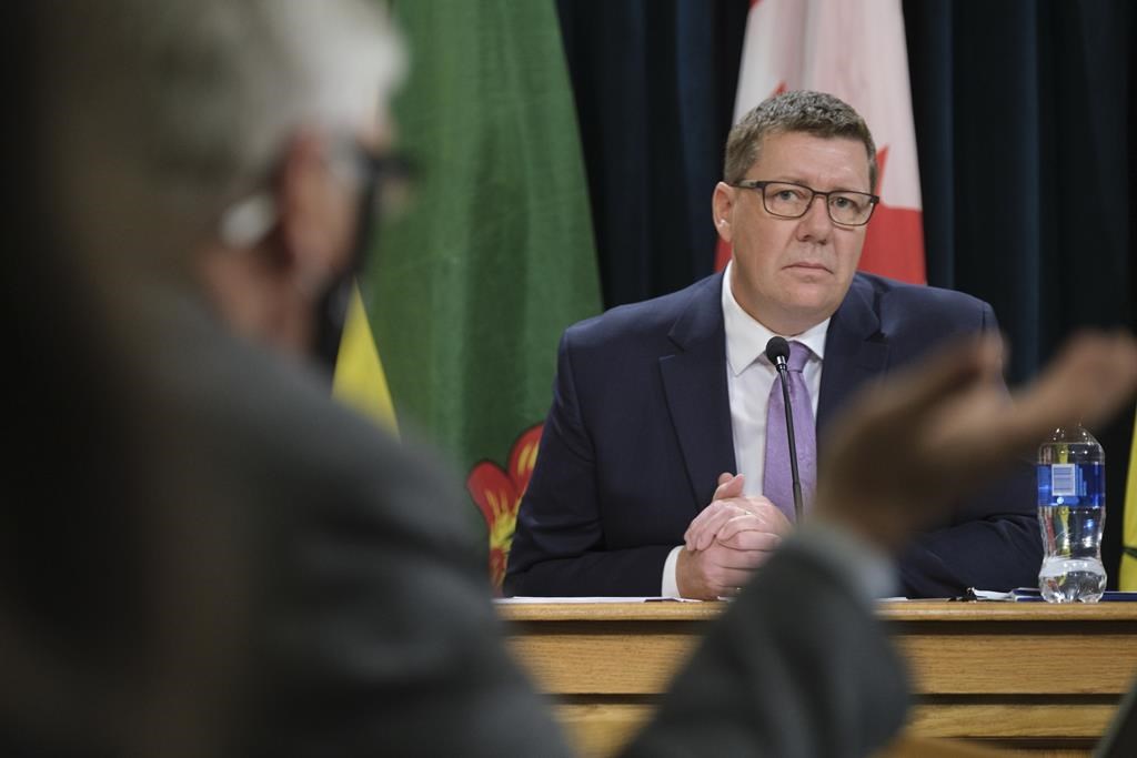 Premier Scott Moe at a press conference before the Throne Speech at the Legislative Building in Regina on Wednesday, Oct. 27, 2021. THE CANADIAN PRESS/Michael Bell.