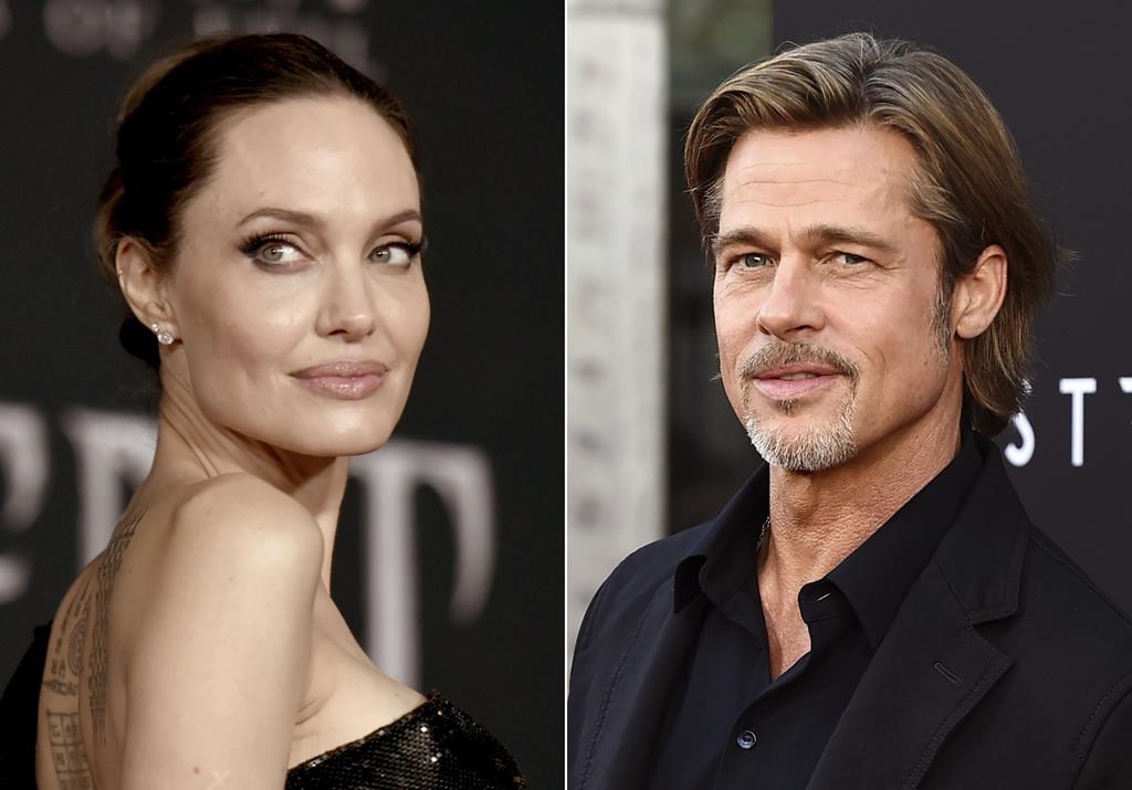 A split photo of Angelina Jolie, left, and Brad Pitt, right