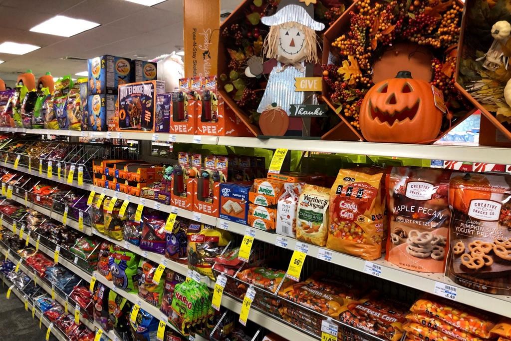 Halloween candy and decorations are displayed at a store on September 23, 2020, in Freeport, Maine.