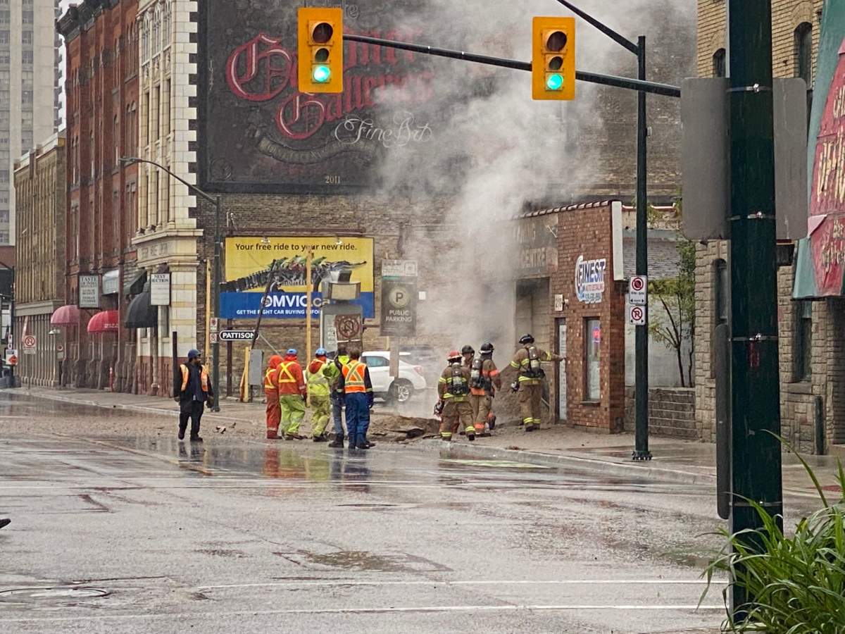 London emergency crews at the scene of a steam explosion on York Street near Clarence Street in downtown London, Oct. 29, 2021.