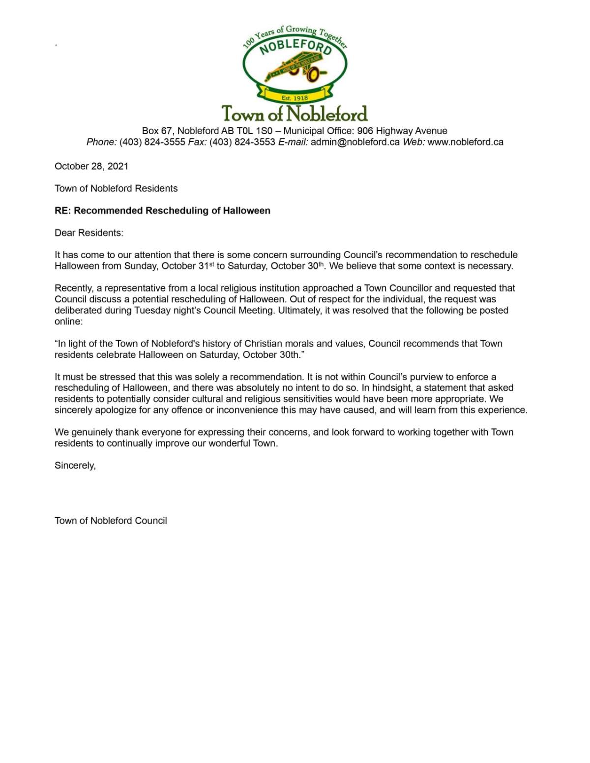 Statement from Nobleford Town Council on Thursday.