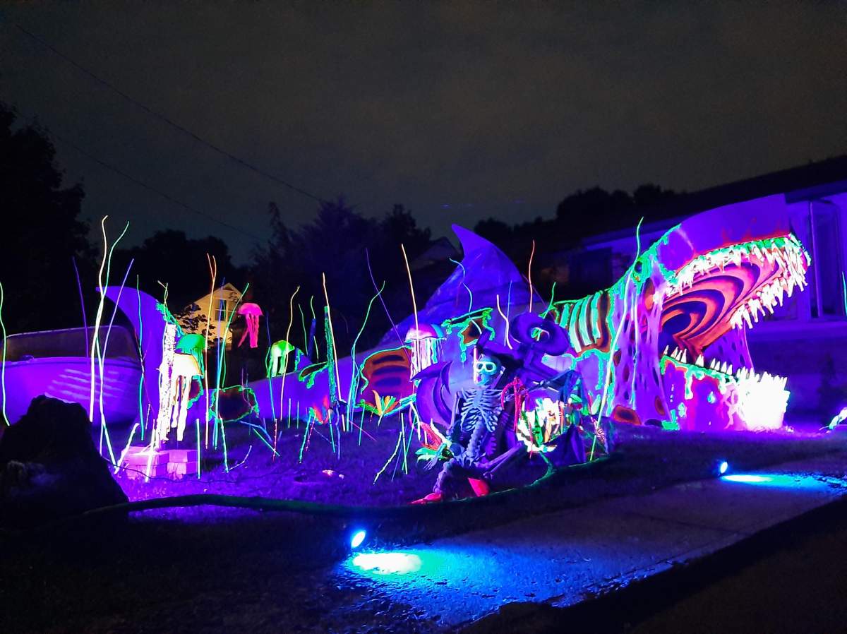 A massive zombie shark is the centrepiece of this Halloween display at 65 Wethered St. in London, Ont.