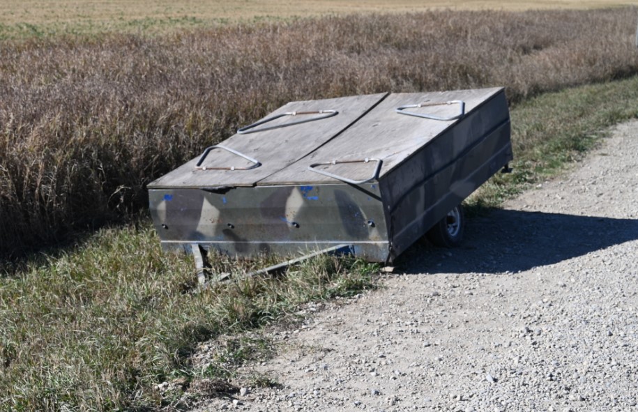 Human remains were discovered in this abandoned utility trailer east of Calgary Thursday, Sept. 30, 2021. 