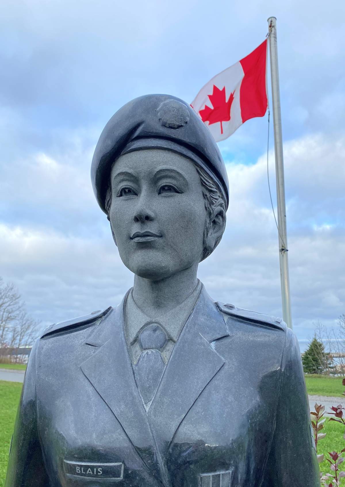 The statue of Corporal Karine Blais in Vue sur la Mer park in Les Méchins, QC
