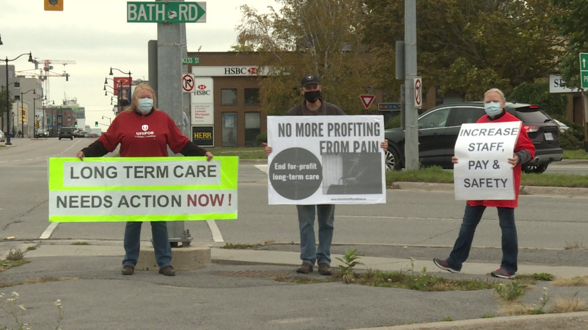 Protestors calling on the provincial government to do more to improve Long Term Care in Ontario.