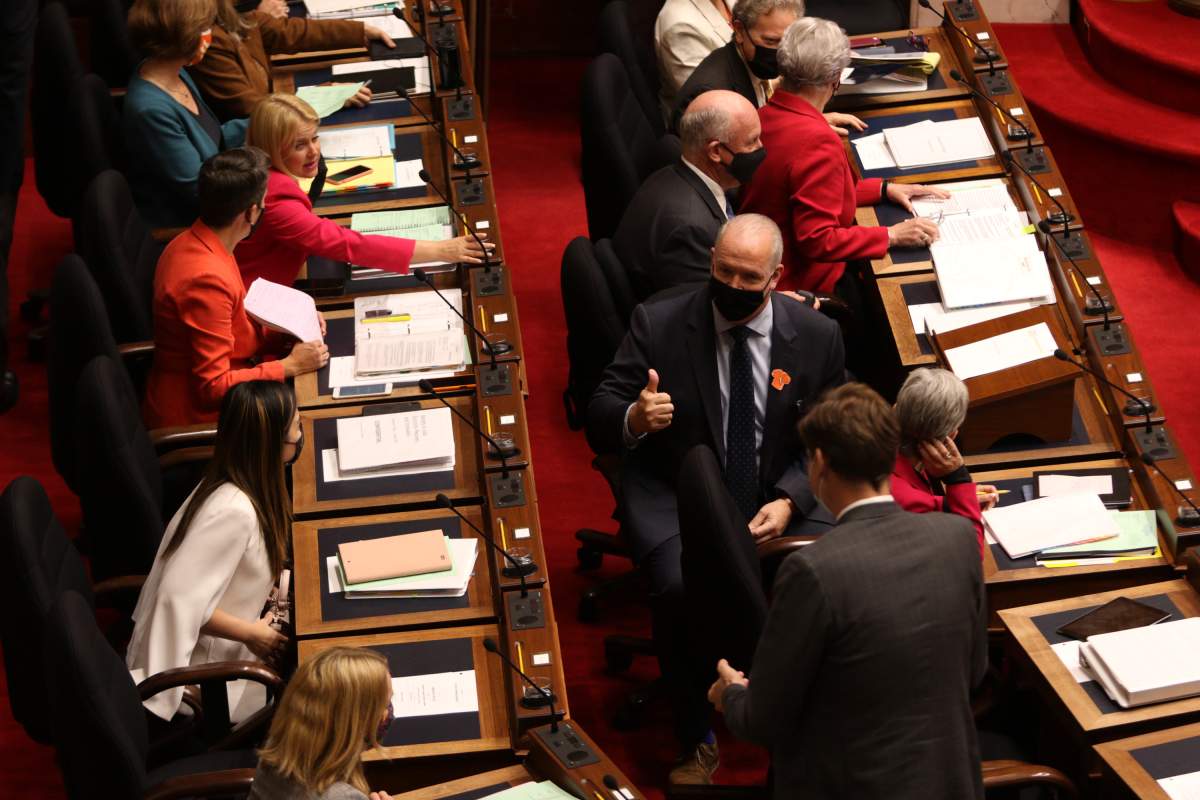 Premier John Horgan gives a thumbs up during Question Period at legislature in Victoria, Mon. Oct. 4, 2021. THE CANADIAN PRESS/Chad Hipolito.