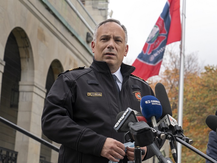 Montreal Fire Chief Richard Liebmann speaks to the media about the death of firefighter Pierre Lacroix, Monday, October 18, 2021 in Montreal.