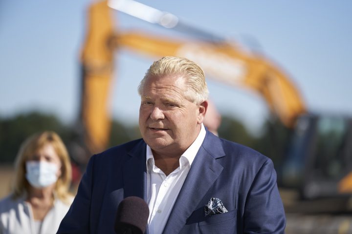 Ontario Premier Doug Ford speaks in Windsor, Ontario on Monday, October 18, 2021.