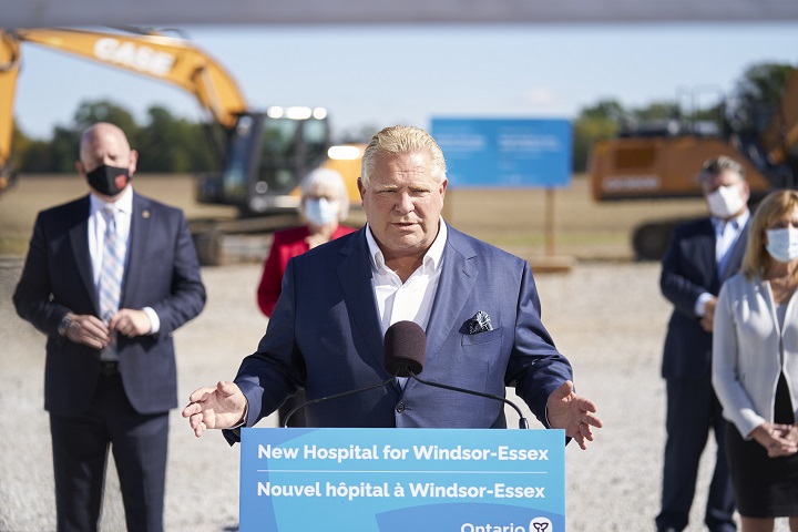 Ontario Premier Doug Ford makes a funding announcement for a new hospital in Windsor, Ontario on Monday, October 18, 2021. THE CANADIAN PRESS/ Geoff Robins