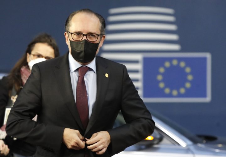 Austria's Chancellor Alexander Schallenberg arrives for an EU summit in Brussels, Friday, Oct. 22, 2021. European Union leaders conclude a two-day summit on Friday in which they discuss issues such as climate change, the energy crisis, COVID-19 developments and migration. 