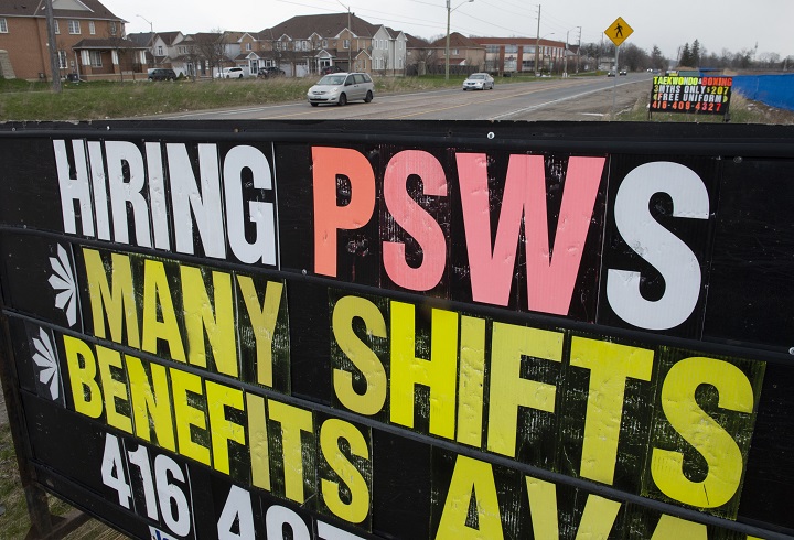 A sign asking for Personal Support Workers to apply for jobs in Markham, Ontario on Wednesday April 15, 2020.