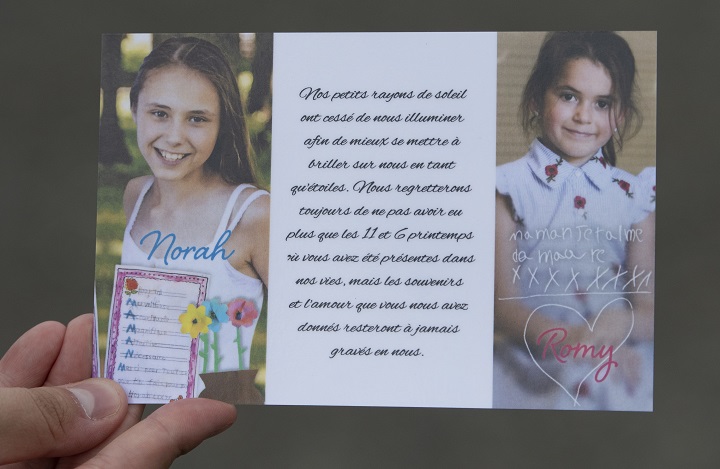 A card distributed by the family depicts Romy, right, and Norah Carpentier, at the funeral home in Levis, Que., Monday, July 20, 2020. 