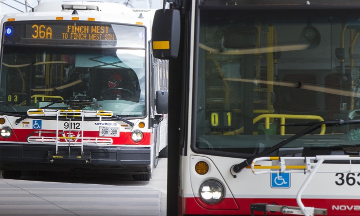 A TTC bus made contact with construction equipment on Dundas Street West Thursday afternoon, prompting rescue efforts.
A TTC bus in Toronto on Sept. 17, 2020.