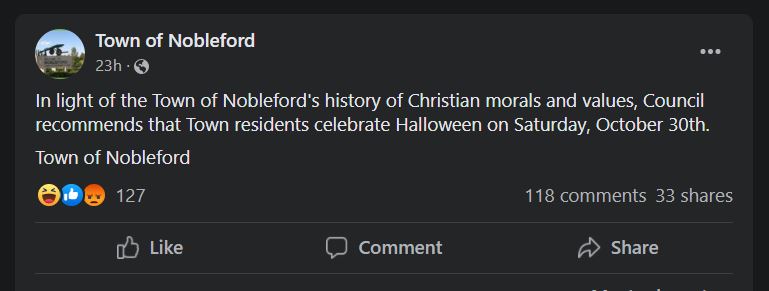 Facebook post from the Town of Nobleford asking residents to celebrate Halloween a day early.