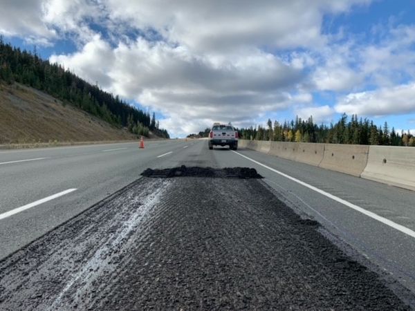 The ministry says this past summer’s heatwave caused rutting in the right lane between Kamloops and Merritt. This photo shows the repair work being done.