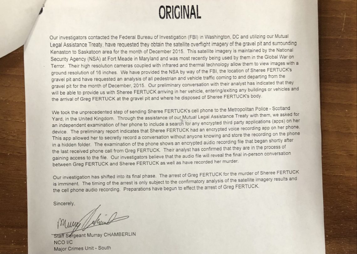 A fake memo crafted by the RCMP claims investigators have contacted the FBI about obtaining satellite imagery of Greg Fertuck.