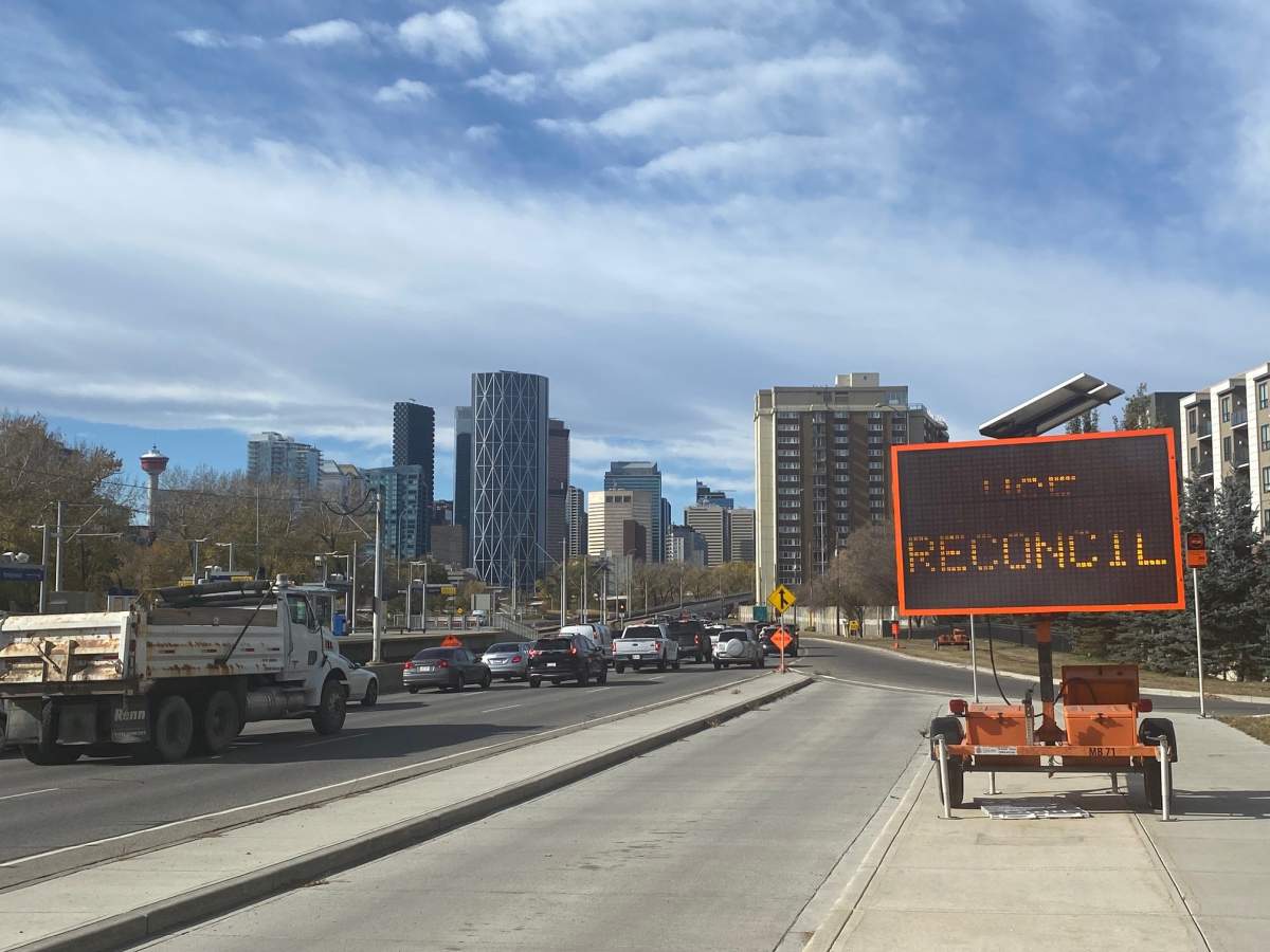 Traffic is backed up in Calgary as the 4 Avenue flyover was closed to accommodate a film crew.