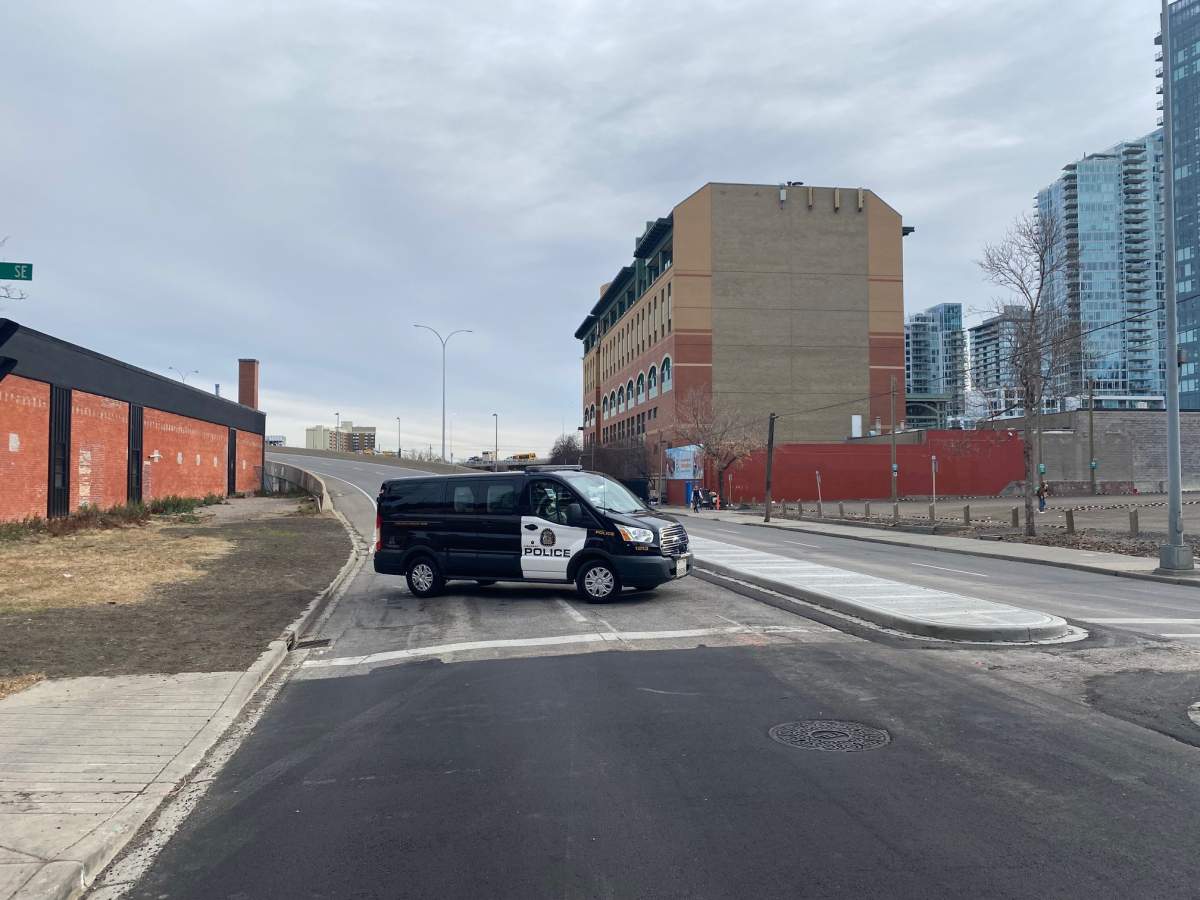 A Calgary police vehicle blocks access to the 4 Avenue flyover in Calgary.