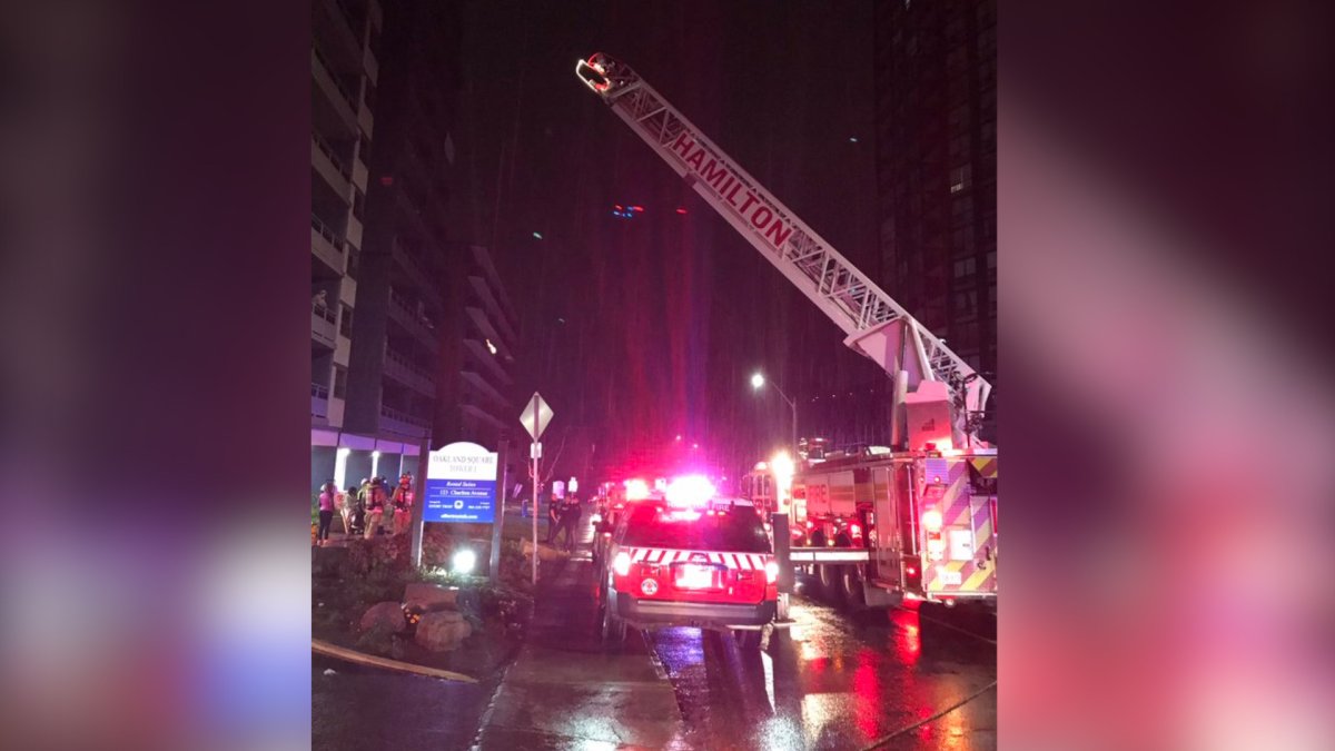 Emergency crews on scene at a multiple alarm high-rise fire at 123 Charlton Street East in Hamilton Ont. on Oct. 25, 2021.