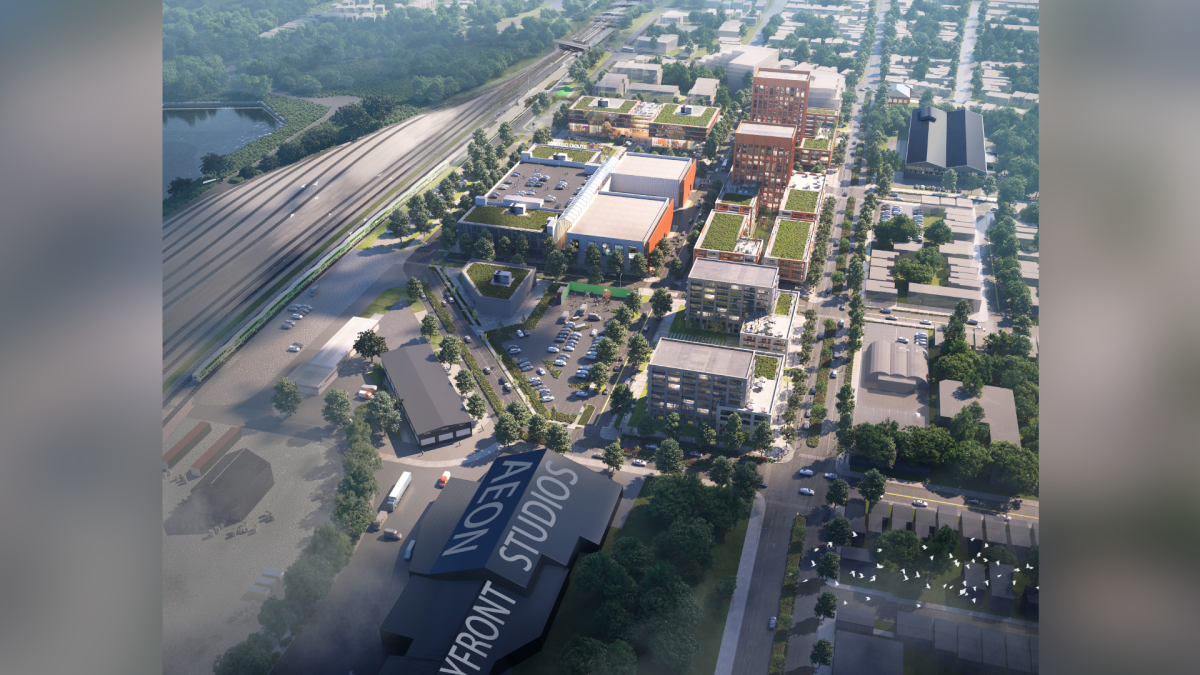 An artists rendering of a proposed film production district near Hamilton’s west harbour. The shot is an overhead look at the Barton-Tiffany lands