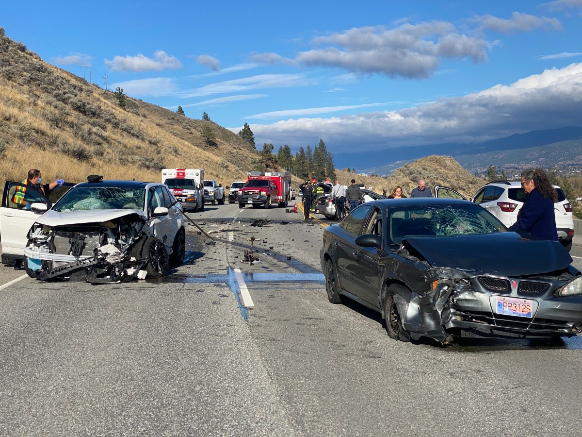 A three-vehicle crash south of Penticton shut down the highway for hours on Saturday afternoon. One person died. 