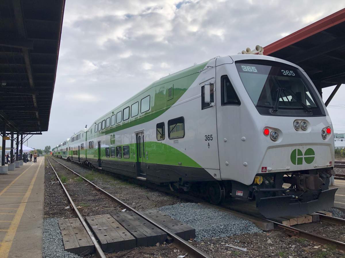 A GO Transit train sits parked at the VIA Rail station in London, Ont., just days before the service would make its inaugural departure from the city.