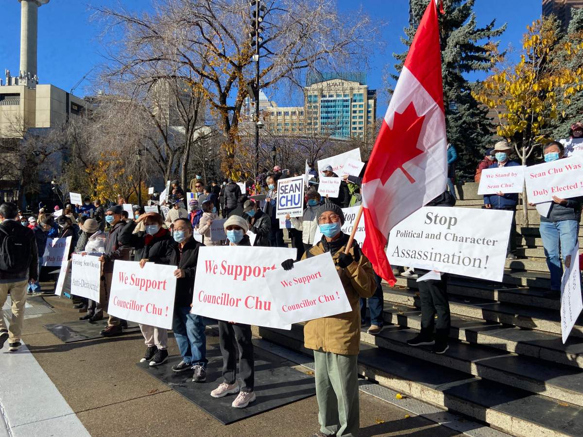 Rallies were held on Oct. 24, 2021, in downtown Calgary in support of Sean Chu and another demanding the councillor-elect step down.