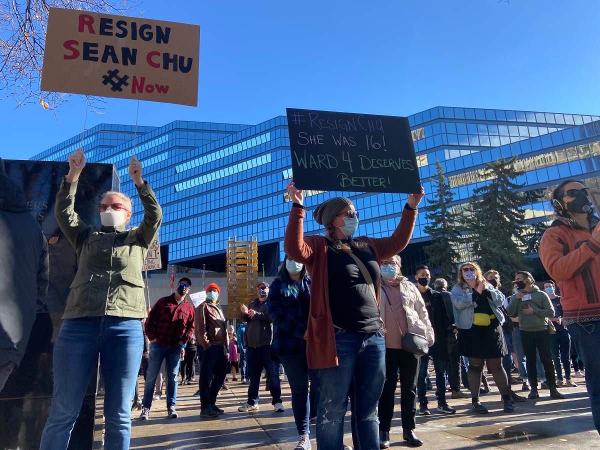 Rallies were held on Oct. 24, 2021, in downtown Calgary in support of Sean Chu and another demanding the councillor-elect step down.
