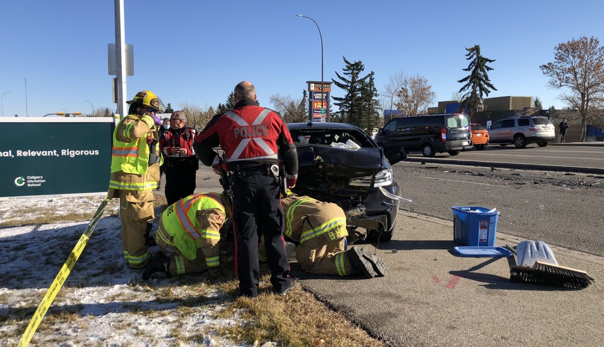 Emergency crews responded to the scene of a multiple-vehicle crash on Richmond Road S.W. in Calgary on Sunday, Oct. 31, 2021.