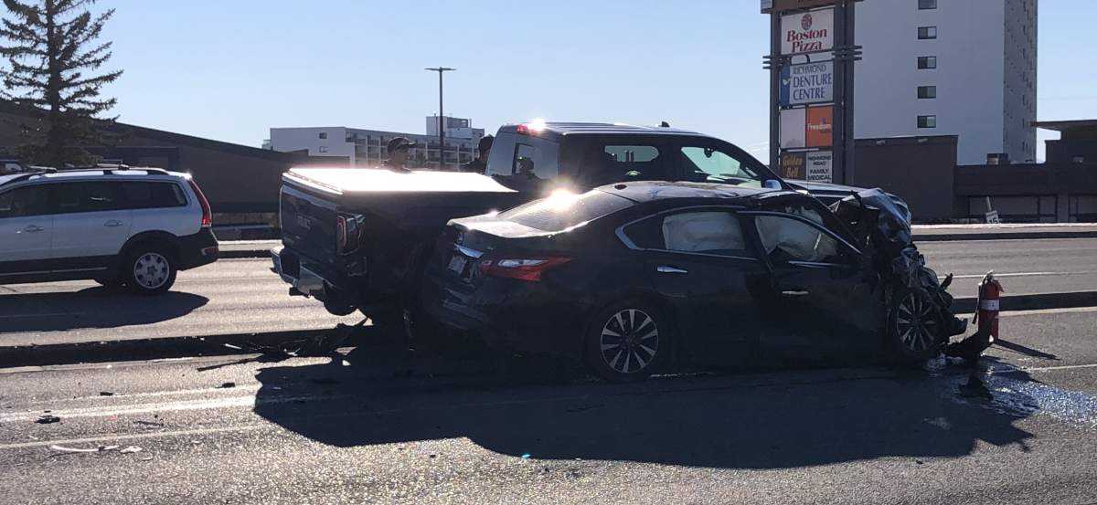 Emergency crews responded to the scene of a multiple-vehicle crash on Richmond Road S.W. in Calgary on Sunday, Oct. 31, 2021.