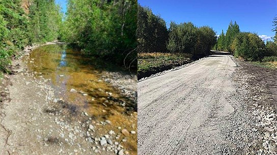 A view of the KVR Trail before and after trail improvements. Around 20 segments of a 16-kilometre section between Bellevue Trestle, above Kelowna, and Chute Lake underwent needed enhancements.