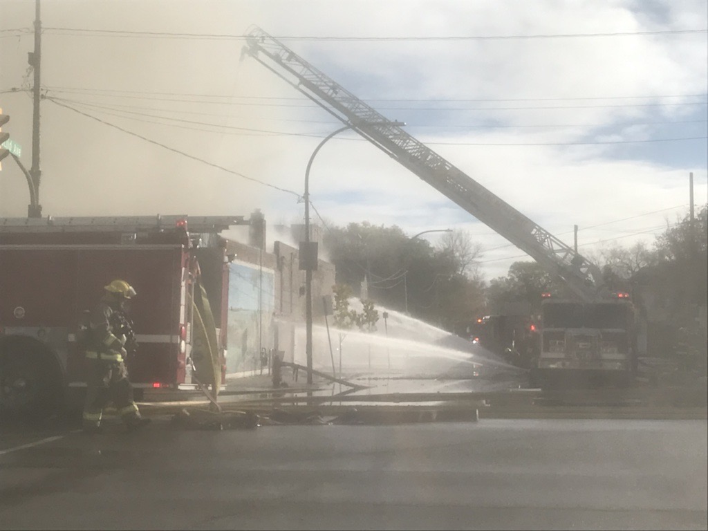 A section of Main Street near Winnipeg’s downtown area is closed in both directions as crews battle a fire in the 800 block.
