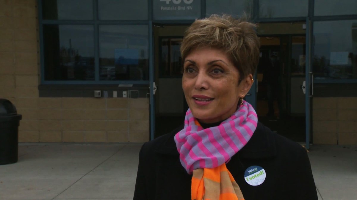Mayoral candidate Jyoti Gondek pictured outside Captain Nichola Goddard School, where she cast her ballot in the Calgary general election on Oct. 18, 2021.