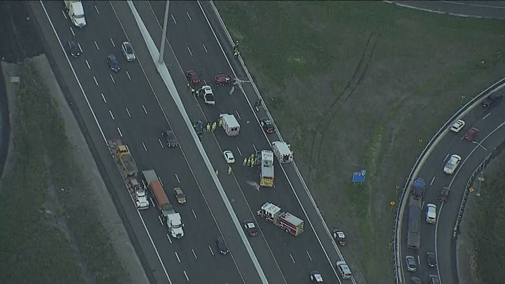 Emergency crews on Highway 401 in Whitby.